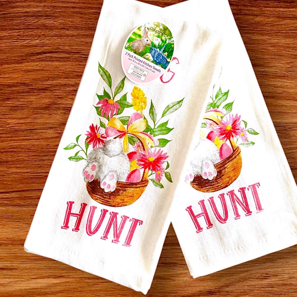 Cotton Easter Kitchen Towels Set of 2 NEW WITH TAGS Bunny Egg Hunt White Pink